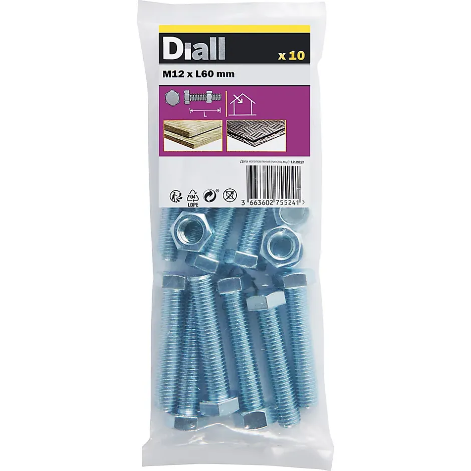 10 boulons tête héxagonale zingué 12 x 60 mm-Diall Online