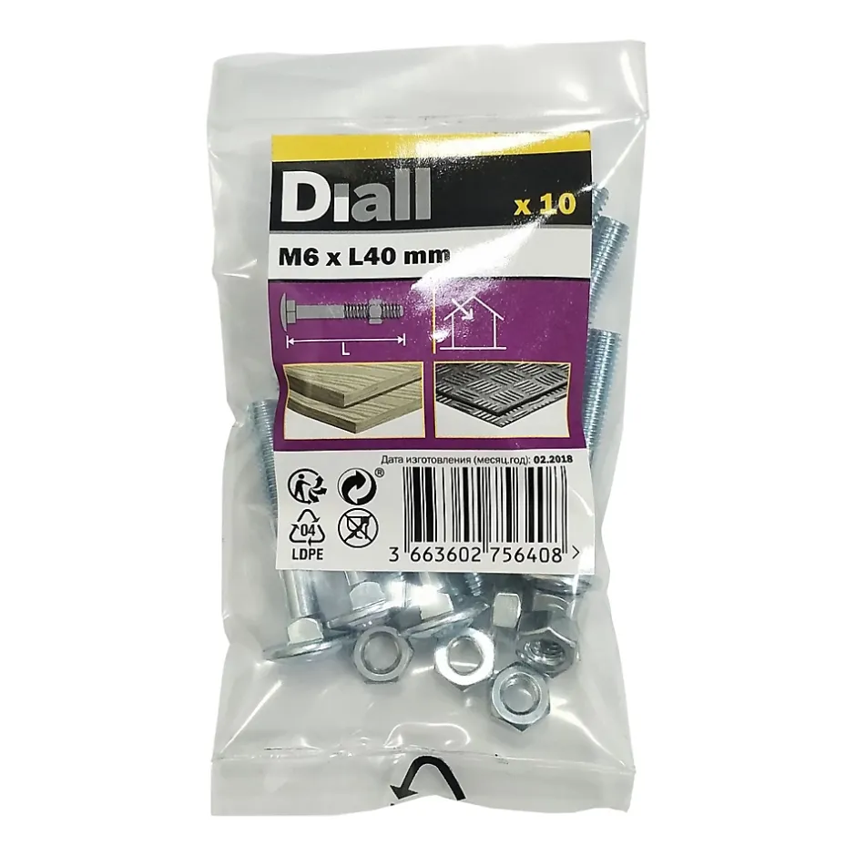 10 boulons tête ronde collet carré 6 x 40 mm^Diall New