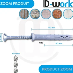 200 Chevilles à Frapper NHS D. 8 x Lt. 60 mm avec Vis Tête Fraisée (en seau) -^D-Work Outlet