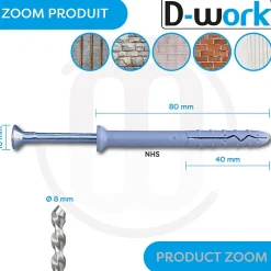 200 Chevilles à Frapper NHS D. 8 x Lt. 80 mm avec Vis Tête Fraisée (en seau) -^D-Work