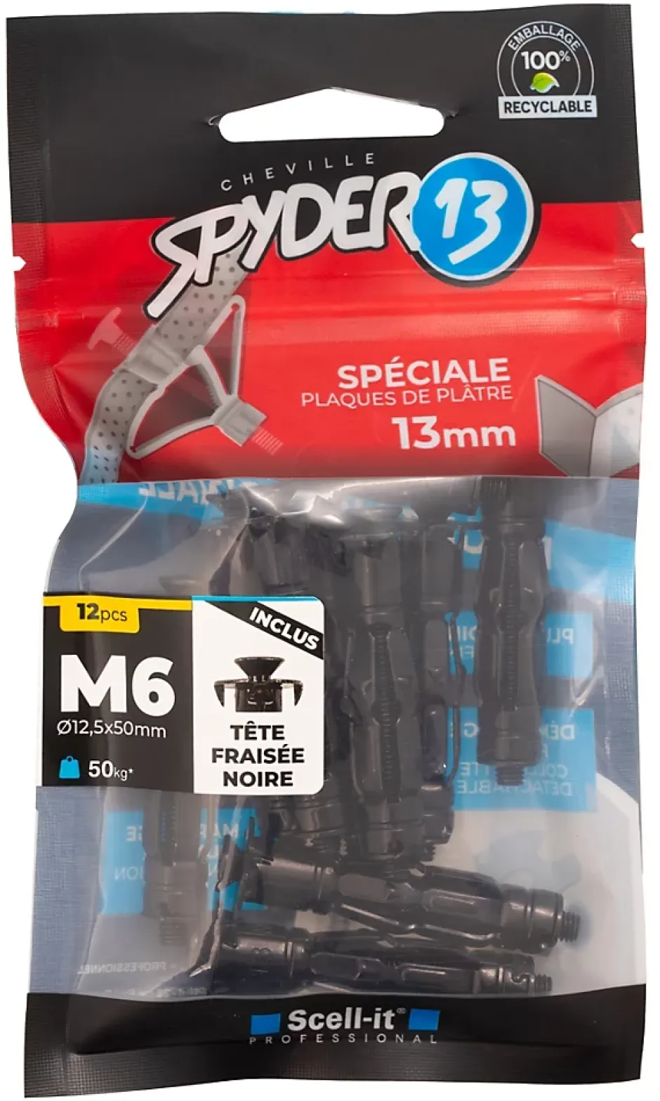 12 chevilles corps creux acier zingué Spyder M6 13mm + vis tête fraisée noires^Scell-It Clearance