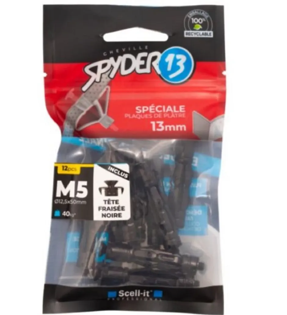 12 chevilles corps creux acier zingué Spyder M5 13mm + vis tête fraisée noir-Scell-It Outlet