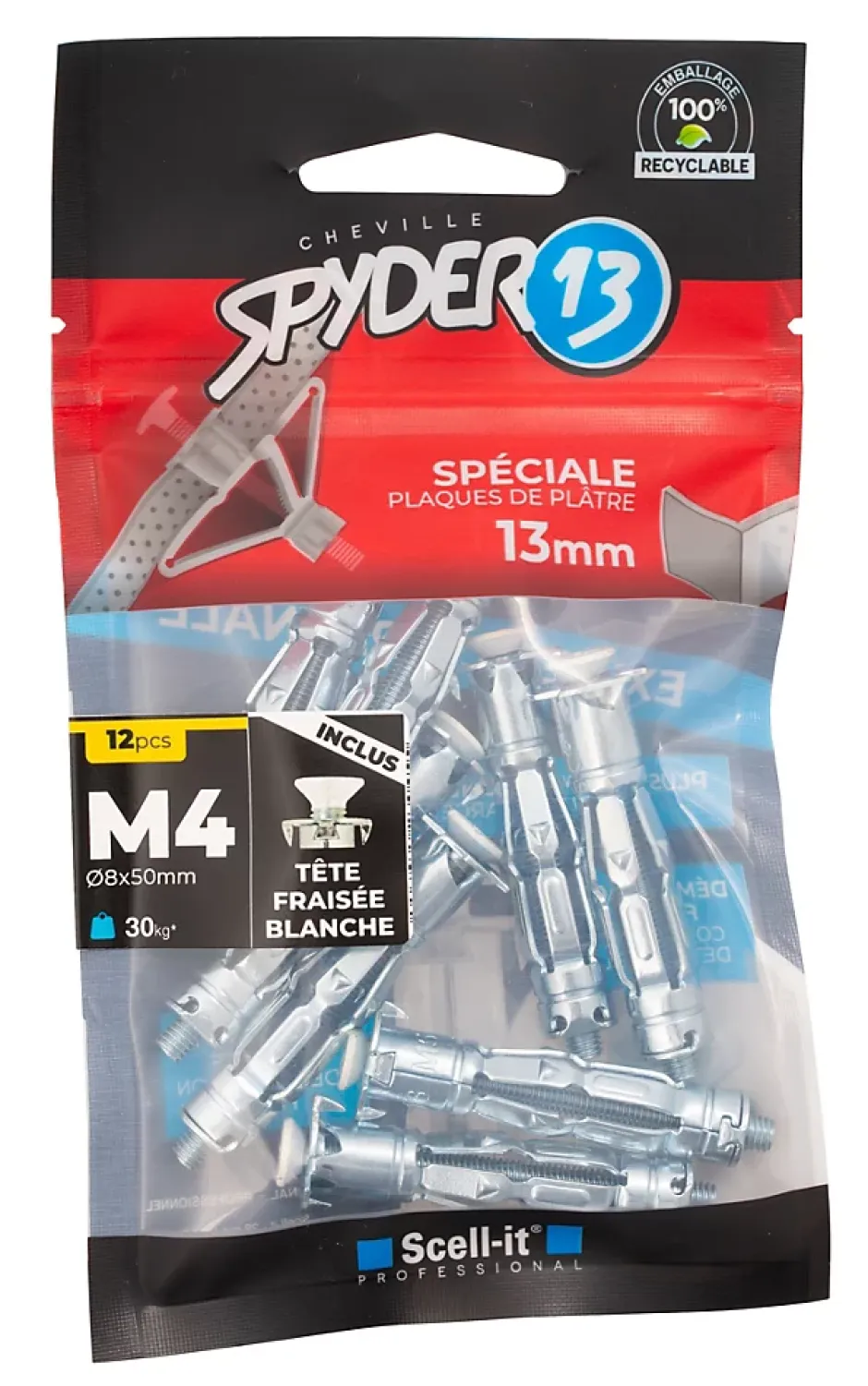 12 chevilles corps creux acier zingué Spyder M4 13mm + vis tête fraisée blanches^Scell-It New