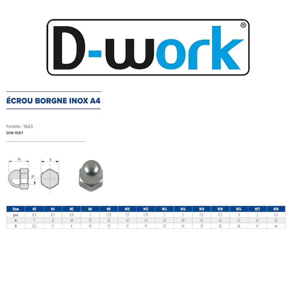 200 Ecrous Borgnes M3 mm - DIN 1587 - Inox A4 -^D-Work Sale