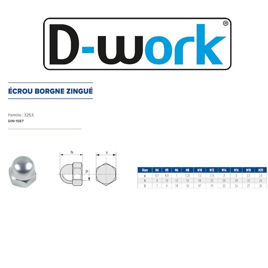 50 Ecrous Borgnes M16 mm - DIN 1587 - Zingué blanc --D-Work Best