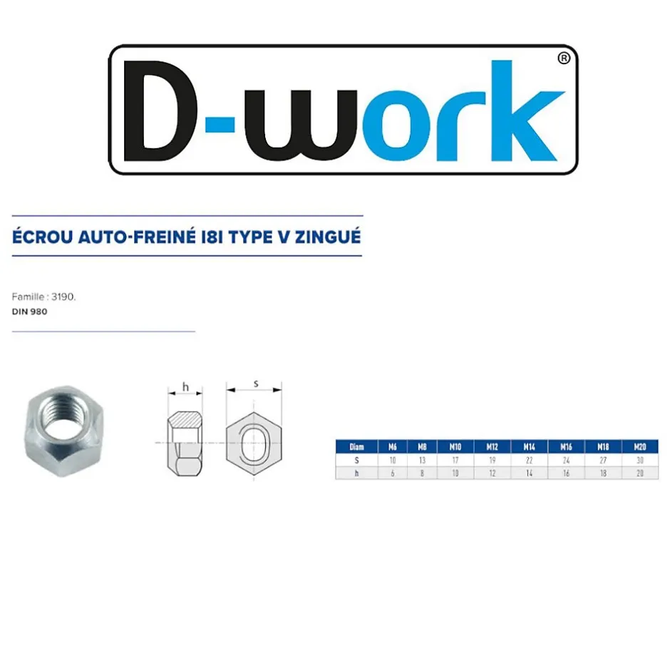 100 Ecrous Freins Indésserrables M20 mm - DIN 980 - 8 - Zingué blanc --D-Work Sale