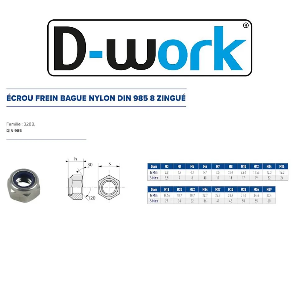 25 Ecrous Freins Indésserrables Bague Nylon M22 mm - DIN 985 - I8I - Zingué blanc -^D-Work Outlet