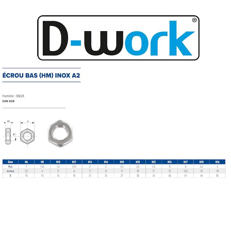 100 Ecrous Hexagonaux Bas M10 mm - DIN 439 - Inox A2 --D-Work Sale