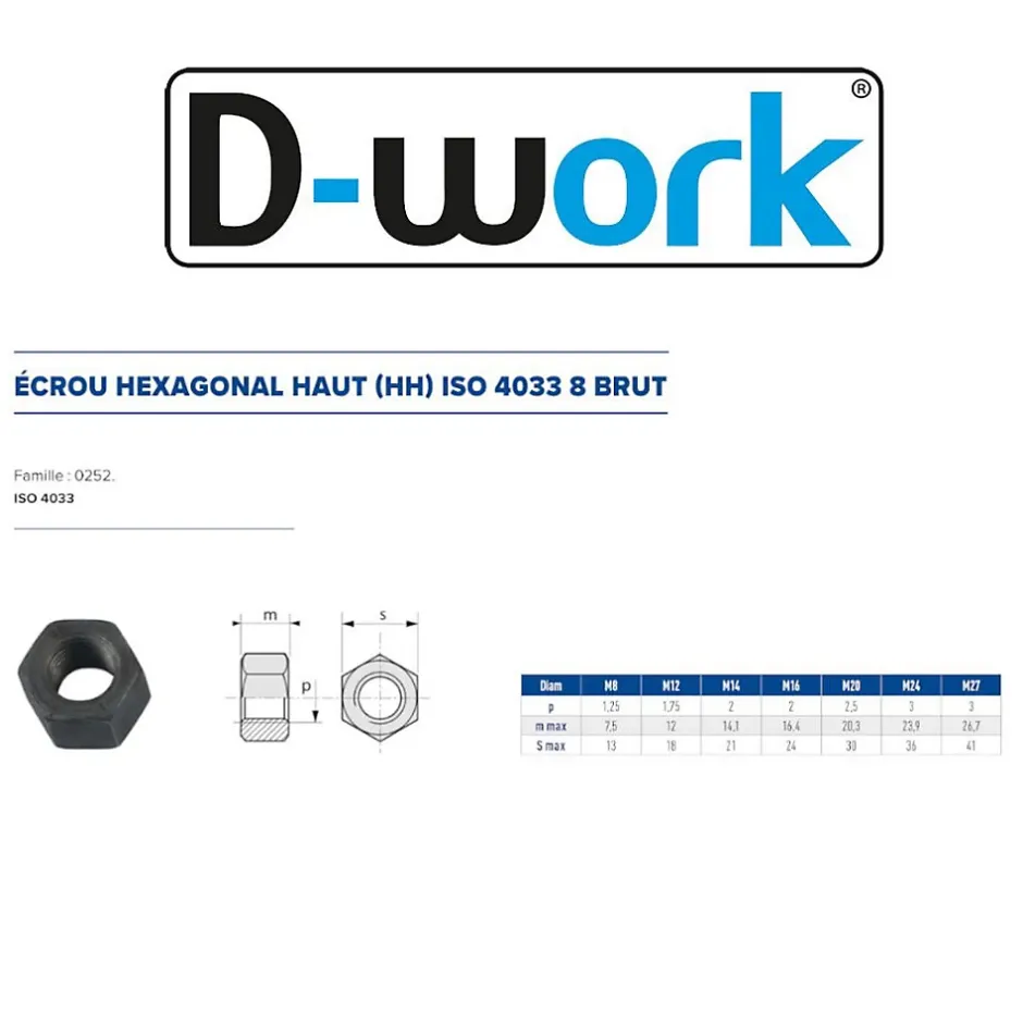 25 Ecrous Hexagonaux Haut H Egale D M24 mm - 4033 - 9 - Brut -^D-Work Online