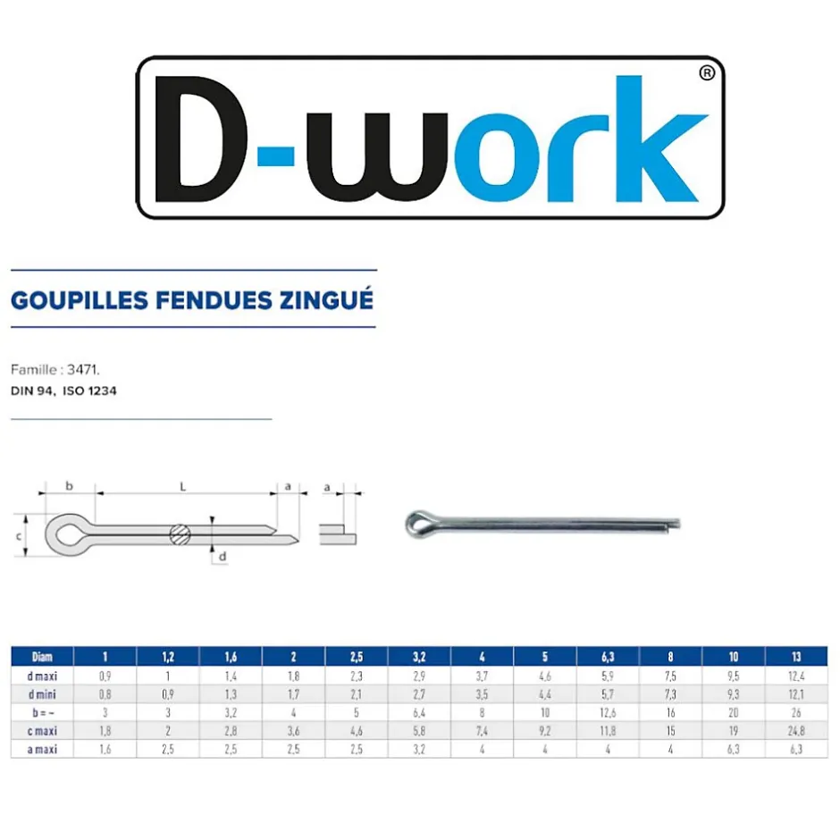 100 Goupilles Fendues D. 5 x 40 mm - DIN 94 - Zingué blanc --D-Work
