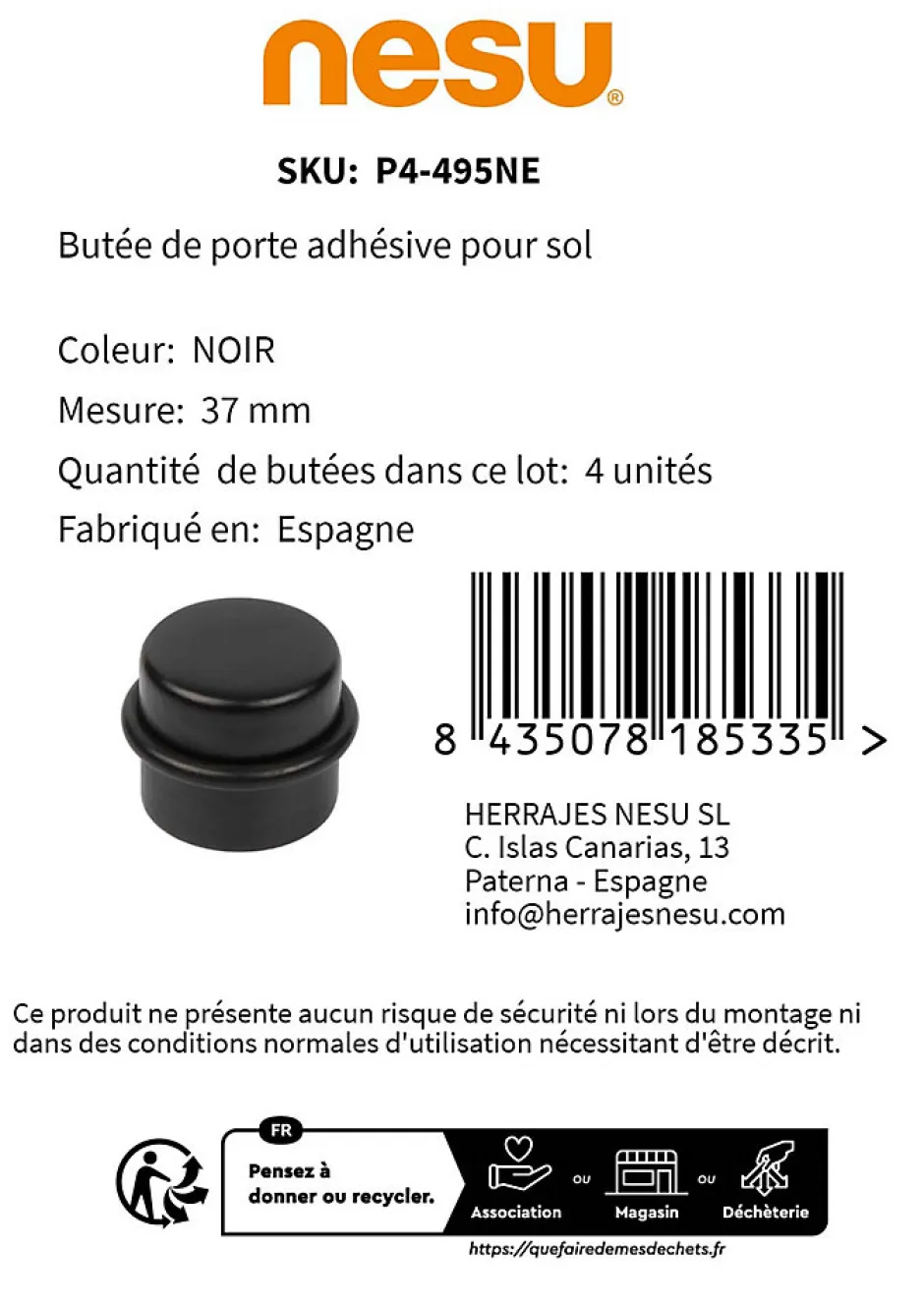 4 Un. Butée de porte adhésive en bois laqué noir - Diamètre 37MM^Nesu Clearance