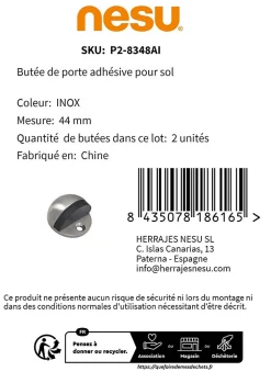 2 Un. BUTÉE DE PORTE en acier inoxydable de qualité AISI-304, fixation au sol avec vis - Diamètre 44MM-Nesu
