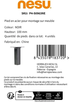 4 un. Pied carré pour meuble en acier 25x25mm hauteur 100mm peinture noire avec embout-Nesu Discount