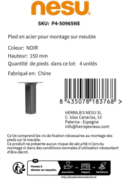 4 un. Pied carré pour meuble en acier 25x25mm hauteur 150mm peinture noire avec embout-Nesu Sale