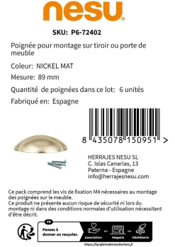 6 Un. poignées de meuble coquille en nickel mat pour porte et cuisine - entraxe 32MM^Nesu New