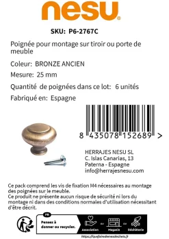 6 Un. poignées de meuble en laiton mat pour tiroir - diamètre 25MM-Nesu Outlet