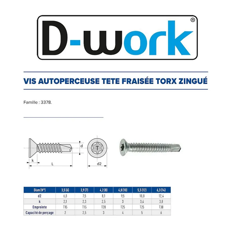 500 Vis Autoperceuses Tête Fraisée Torx 4.2 x 12.7 mm - Zingué blanc --D-Work Online