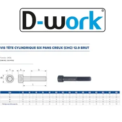 10 Vis Métaux Tête Cylindrique 6 Pans Creux CHC F/Partiel 20 x 220 mm - DIN 912 - 12.9 - Brut -^D-Work Clearance