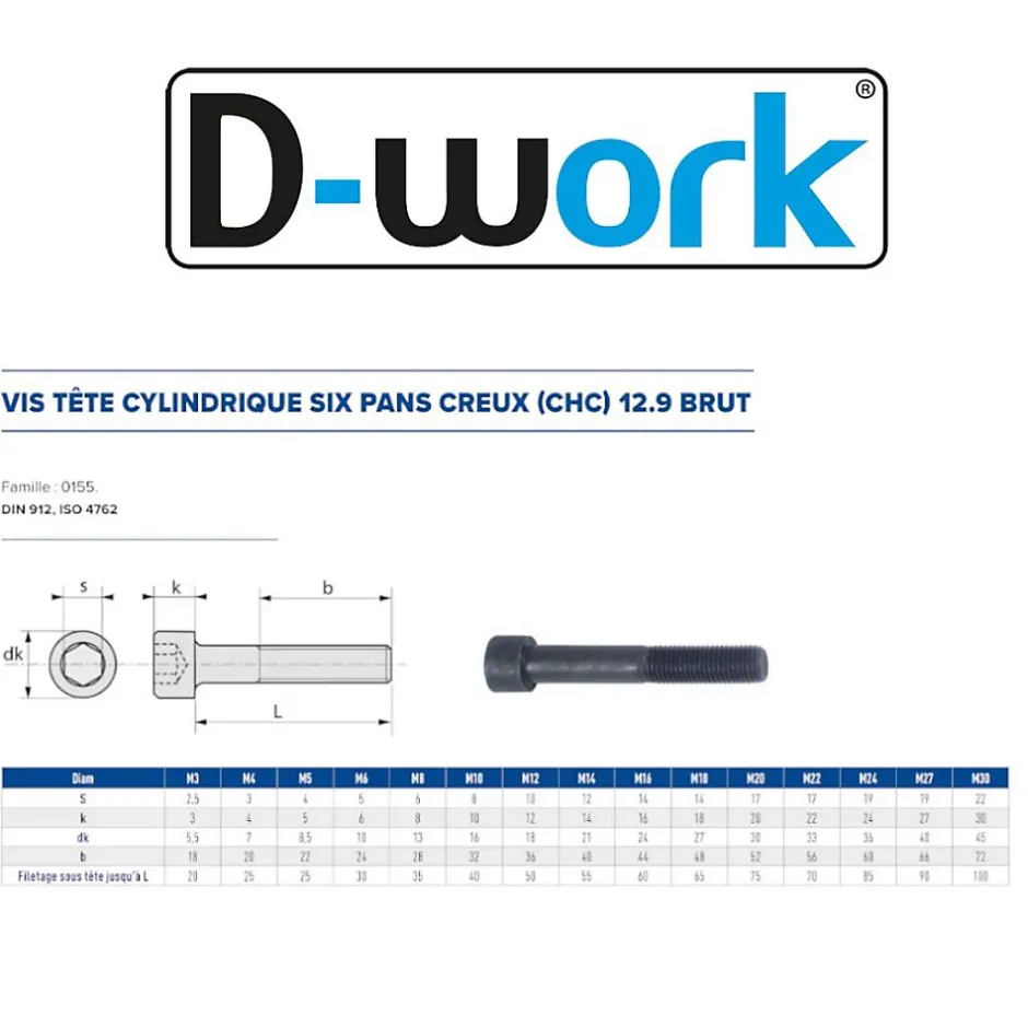 50 Vis Métaux Tête Cylindrique 6 Pans Creux CHC F/Partiel 6 x 120 mm - DIN 912 - 12.9 - Brut -^D-Work Hot