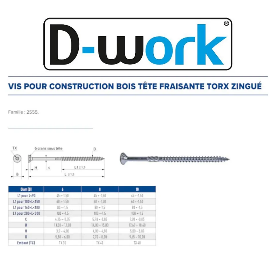 100 Vis pour Construction Bois Tête Fraisante Torx T30 6 x 300 mm - Zingué blanc -^D-Work New