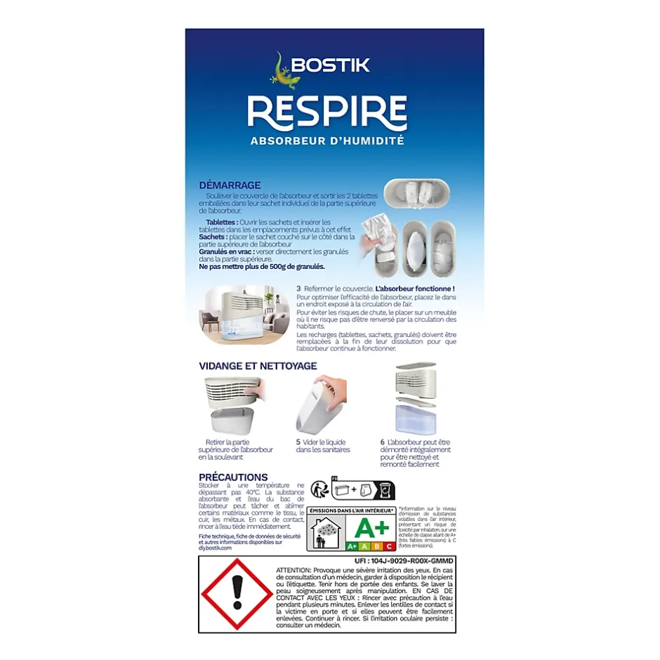 Absorbeur d'humidité avec 2 tablettes de 250 g Respire pour surface de 25 m²-Bostik