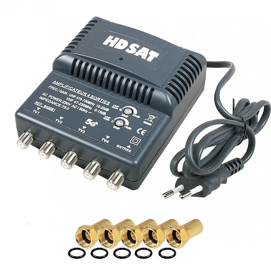 amplificateur TNT 4 sorties Gain 25dB + 5 Fiches F^Hdsat New