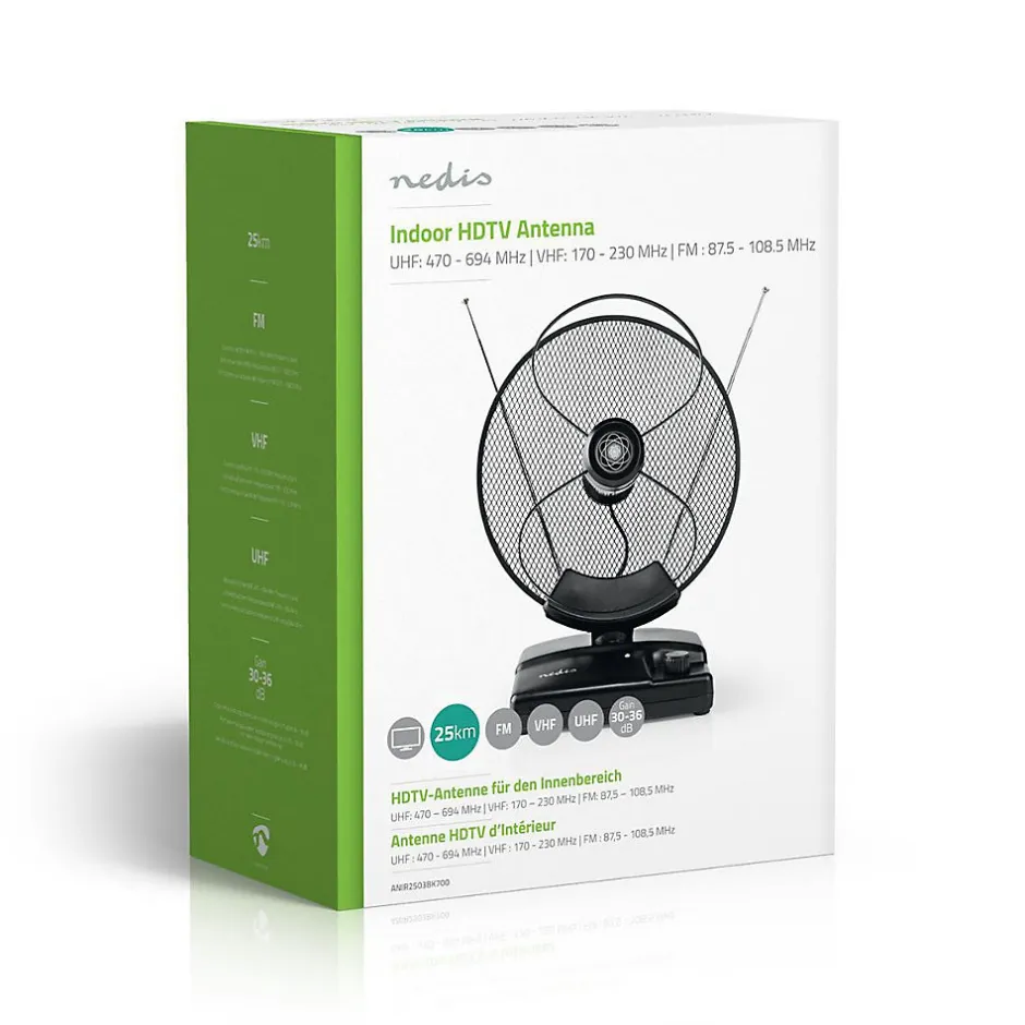 Antenne HDTV d'Intérieur 0 - 25 km Gain de 30 - 36 dB FMVHFUHF Noire-Nedis Outlet
