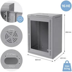 Armoire serveur 19" boîtier réseau murale gris en acier rack 16U 600x450x850 mm-ECD Germany