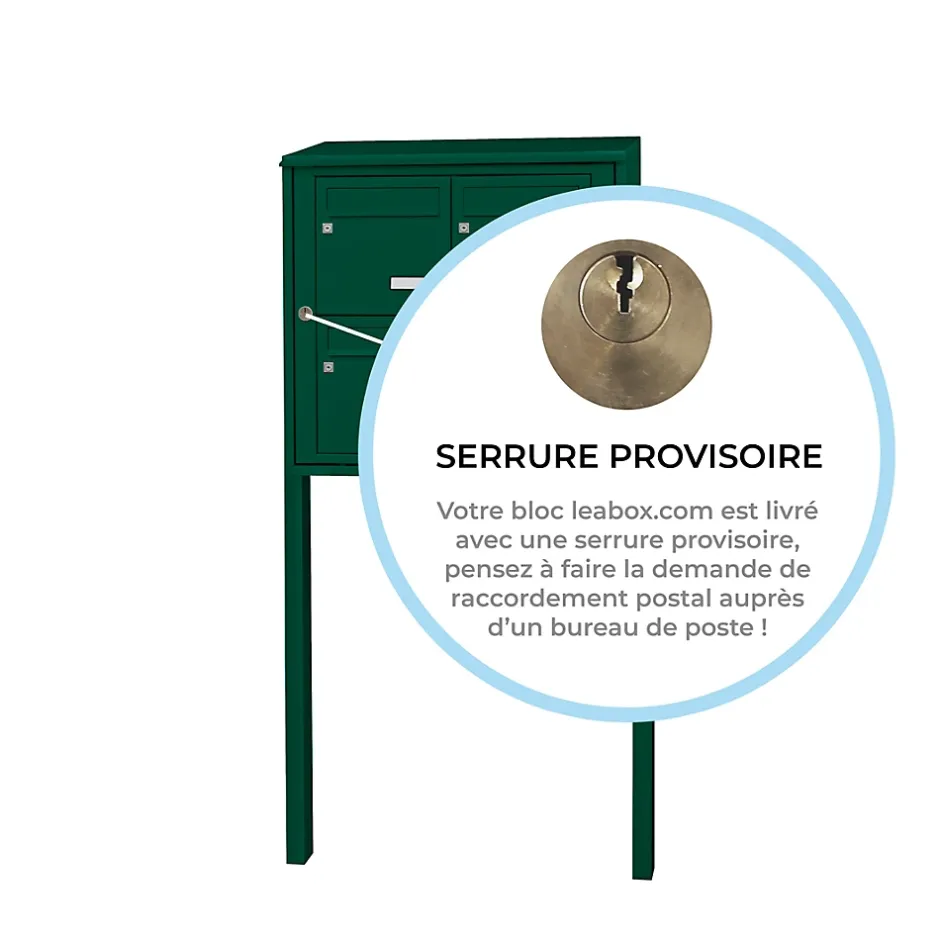 Bloc collectif , 2x2, grade 3, simple face, Extérieur, fixation sur pieds à sceller, Vert mousse RAL 6005 brillant^Leabox.com Clearance