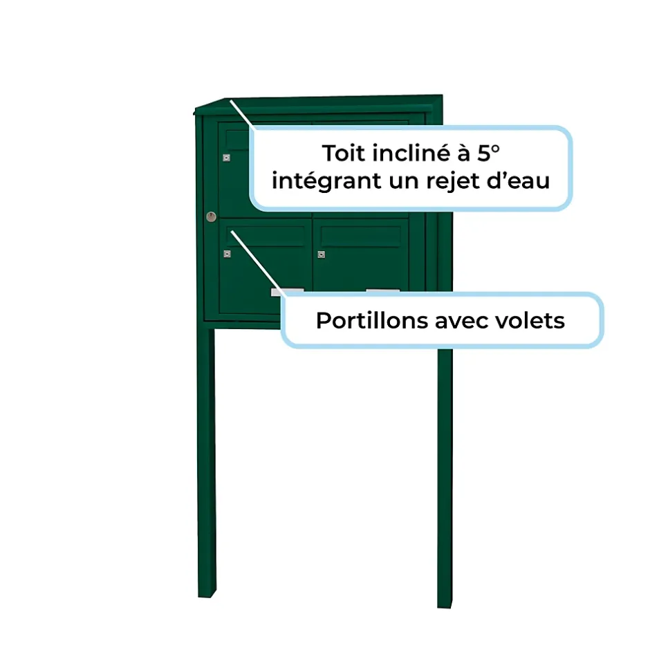 Bloc collectif , 2x2, grade 3, simple face, Extérieur, fixation sur pieds à sceller, Vert mousse RAL 6005 brillant^Leabox.com Clearance