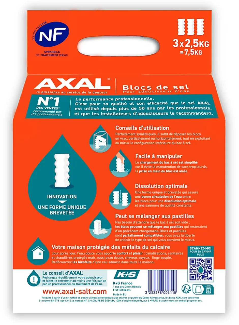 Blocs de sel pour adoucisseur d'eau, lot de 3 x 2.5 kg-Axal