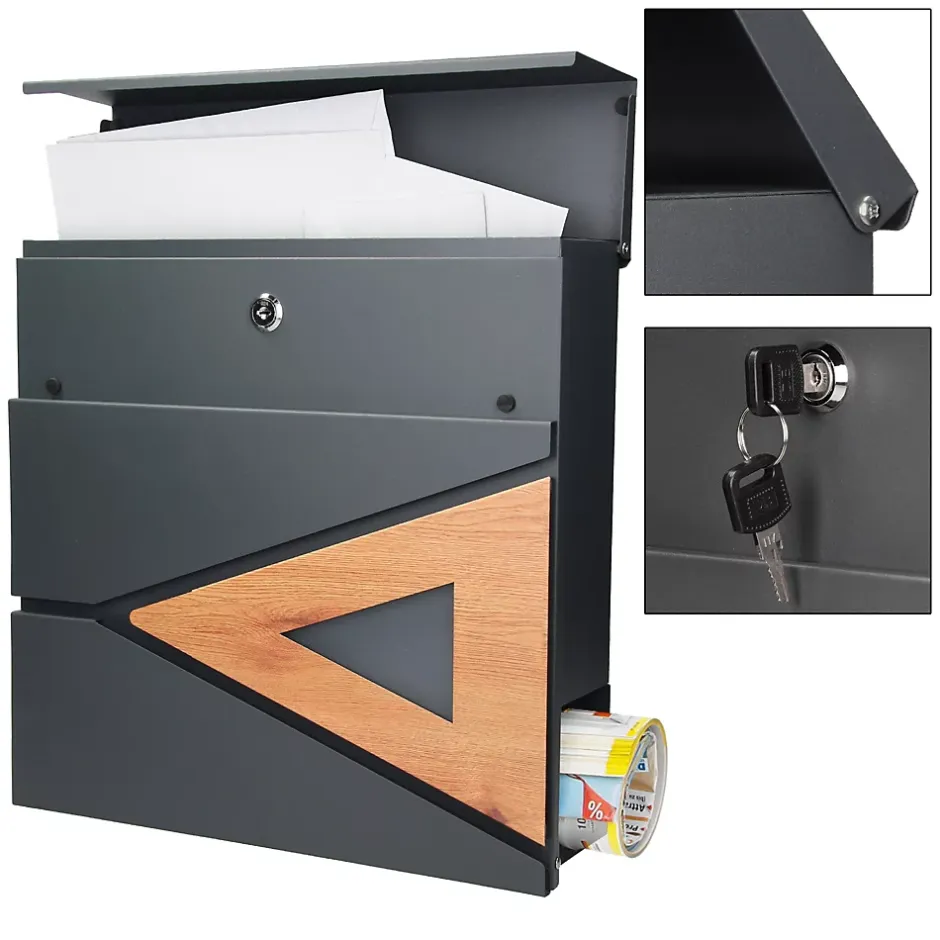 Boite aux lettres anthracite, aspect bois avec rouleau a journaux et pied support-Ml-Design New