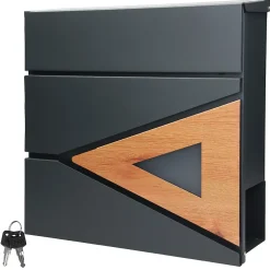 Boite aux lettres anthracite, aspect bois avec rouleau a journaux et pied support-Ml-Design New