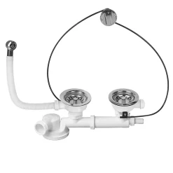 Bonde à panier avec commande à câble 90mm, trop-plein et siphon extra-plat blanc-Wirquin Clearance