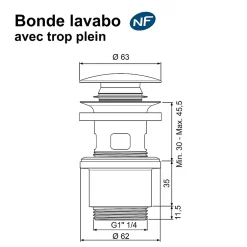 Bonde de lavabo ø 63 mm avec clapet clic clac ou fixe effet or^Rousseau Discount