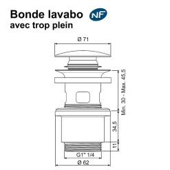 Bonde de lavabo ø 71 mm avec clapet clic clac ou fixe^Rousseau Discount