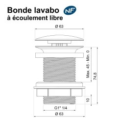 Bonde de lavabo à écoulement libre Ø 63 mm laiton graphite mat^Rousseau Best