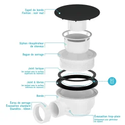Bonde pour receveur de douche Pure 2/Pedra, capot noir,^Galedo Best