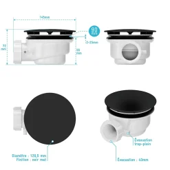 Bonde pour receveur de douche Pure 2/Pedra, capot noir,^Galedo Best