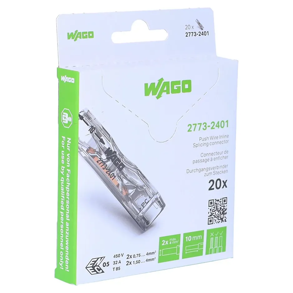 Borne 2773 Inline 2x4mm2 rigide & semi-rigide - Boite de 20 - - 2773-2401/995-020-Wago Sale