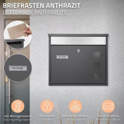 Boîte aux lettres anthracite-argent avec support métallisé 120cm+ kit de montage^Ml-Design Discount