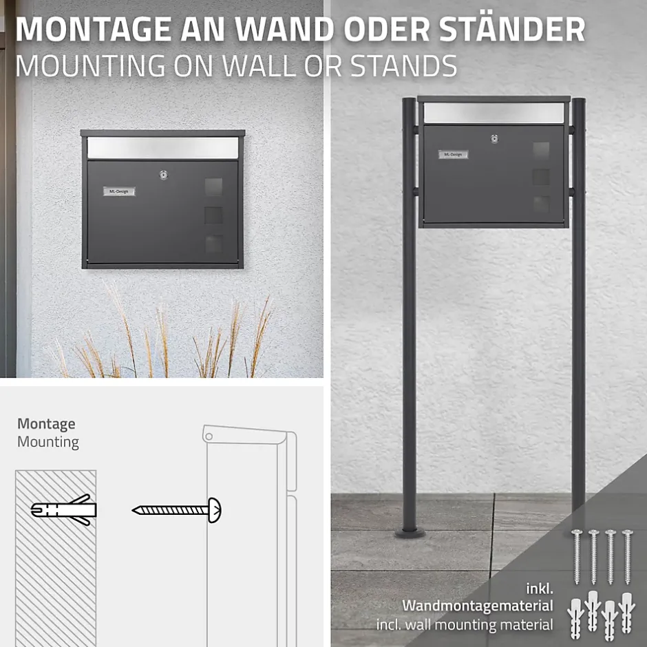 Boîte aux lettres murale avec porte-journaux acier inoxydable anthracite moderne-Ml-Design Online