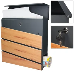 Boîte aux lettres murale anthracite design bois avec 2 clés inclus 11x37x26,5 cm^Ml-Design Clearance
