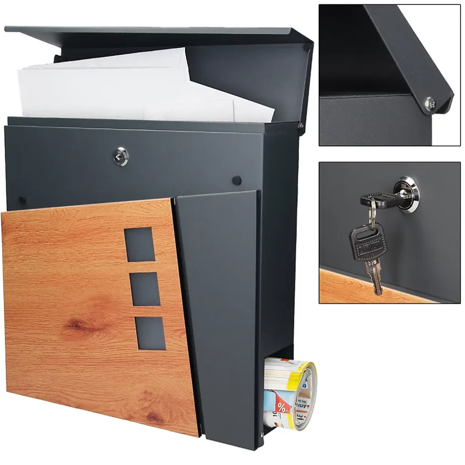 Boîte aux lettres murale moderne en acier anthracite aspect bois + 2 clés inclus^Ml-Design Hot