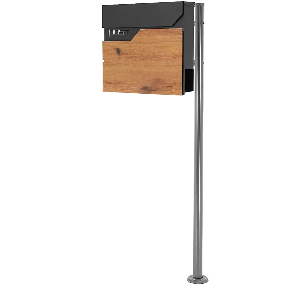 Boîte aux lettres sur pied piedestal boîte postale anthracite/aspect bois modern^Ml-Design New