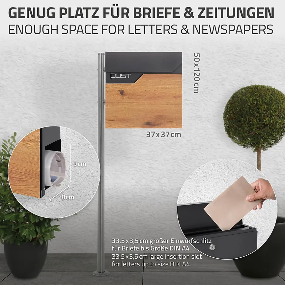 Boîte aux lettres sur pied piedestal boîte postale anthracite/aspect bois modern^Ml-Design New