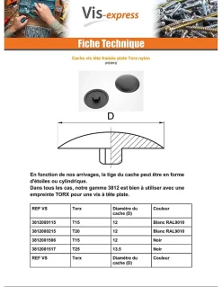 Cache vis Tête fraisée TORX TORX T15 Diamètre de tête: 12 nylon noir - 100 pièces-Vis Express Hot