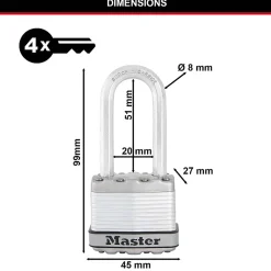 Cadenas à clé Excell M1EURDLH acier laminé l.45 mm hauteur de l'anse 51 mm-Master Lock Hot
