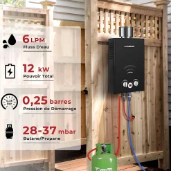 BW158BC Chauffe-eau instantané au propane/butane 6 l/min 30/37 mbar avec housse contre la pluie-Camplux Discount