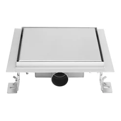 Caniveau de douche carré inox CARA 20 x 20 cm avec siphon anti-odeurs, drainage 36l/min, hauteur réglable^Saniverre New